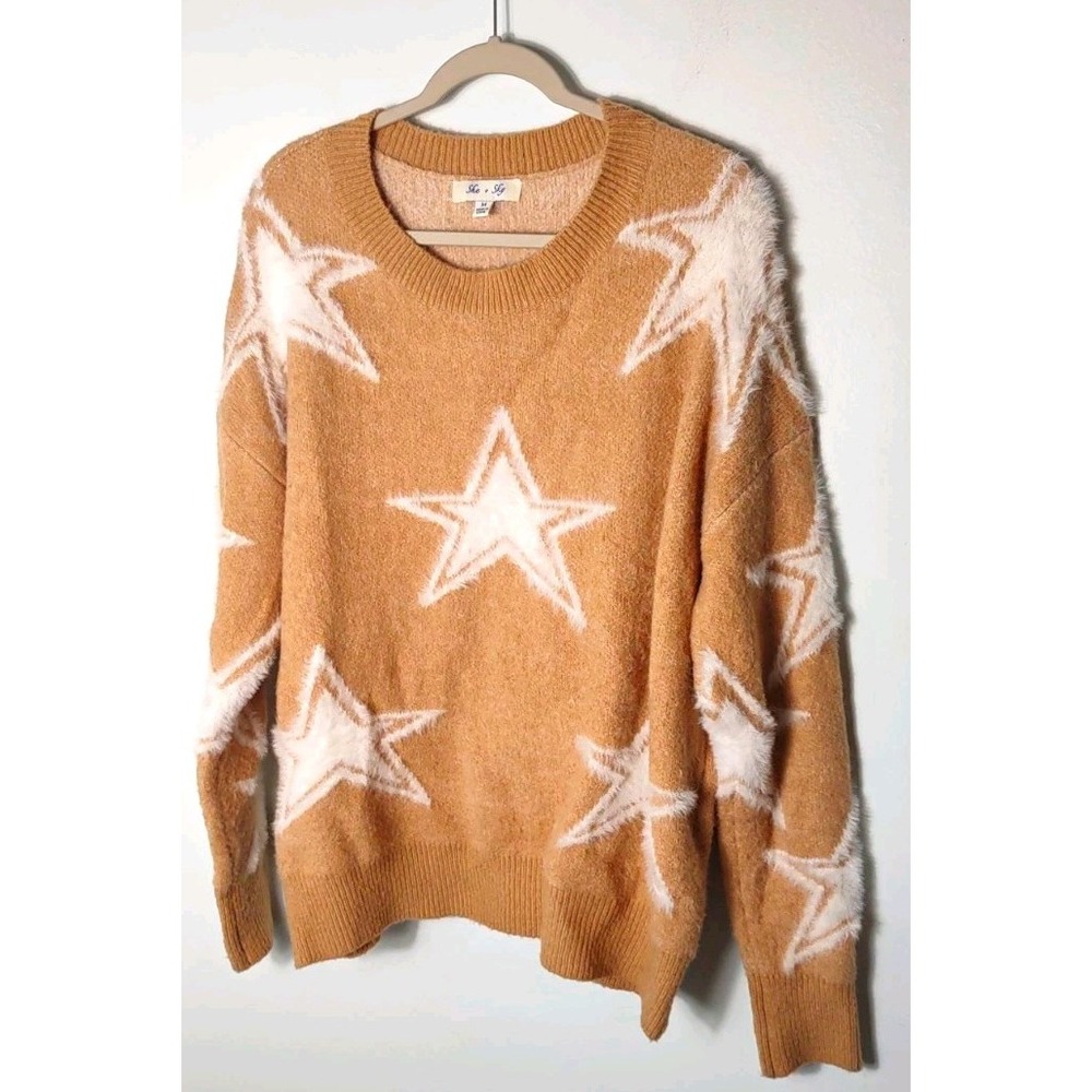 Plush BeigeWht Star Rib Knit shaggy Crewneck Lightweight Pullover cozy Sweater M